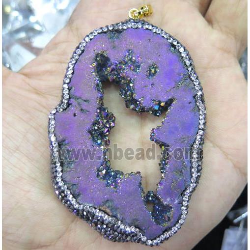 druzy agate slice pendant paved rhinestone, freeform, purple electroplated