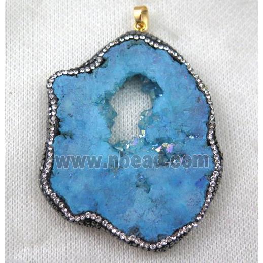 druzy agate slice pendant paved rhinestone, freeform, skyblue AB-color