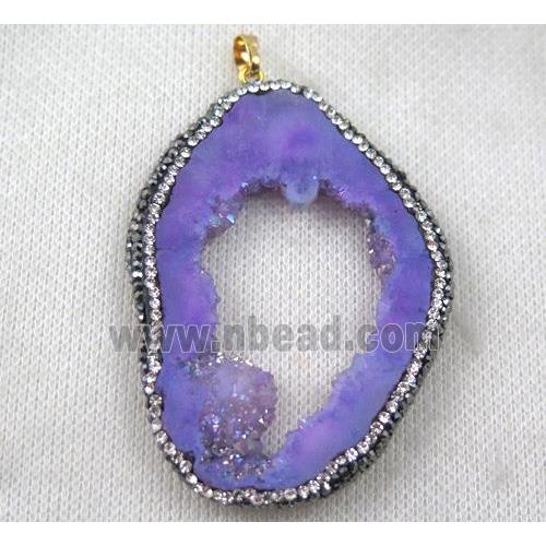 druzy agate slice pendant paved rhinestone, freeform, purple AB-color