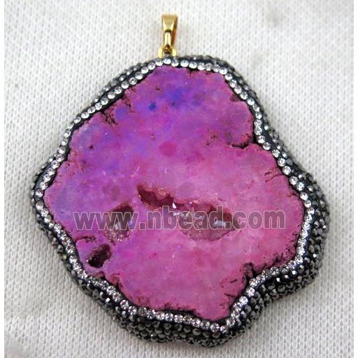 druzy agate slice pendant paved rhinestone, freeform, pink AB-color