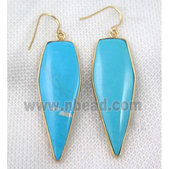 blue turquoise bullet earring, dye, gold plated