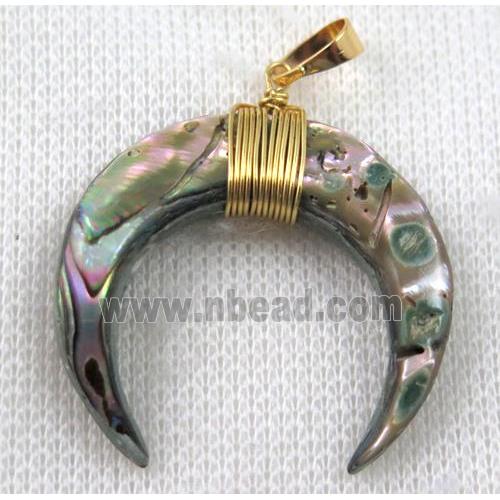 paua abalone shell crescent horn pendant, gold wire wrapped