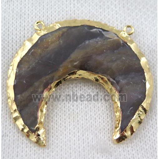 natural hammered Rock Agate crescent horn pendant with 2loops, gold plated