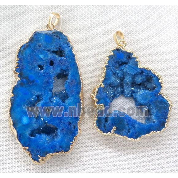 royal blue druzy agate slice pendant, freeform, gold plated