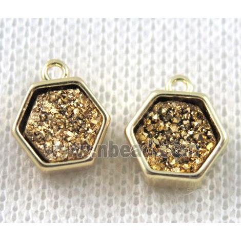 golden druzy quartz hexagon pendant, copper, gold plated