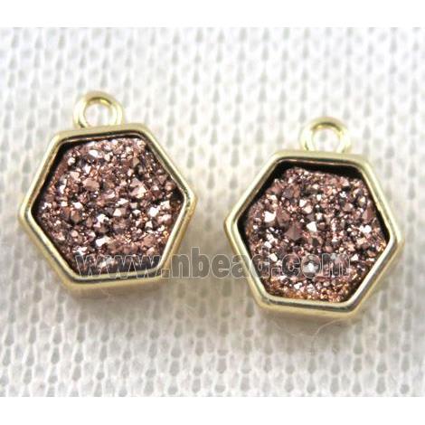 rose-golden druzy quartz hexagon pendant, copper, gold plated