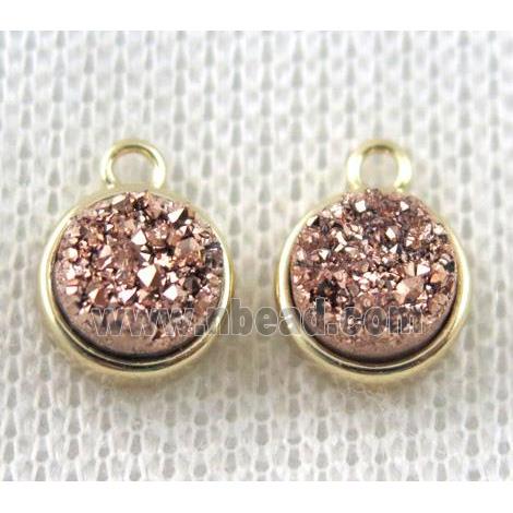 rose-golden druzy quartz pendant, flat-round, copper, gold plated