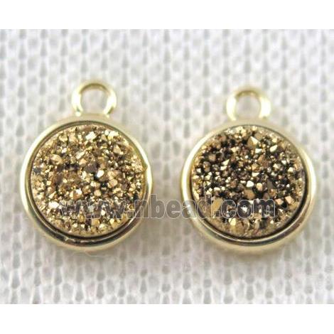 golden druzy quartz pendant, flat-round, copper, gold plated