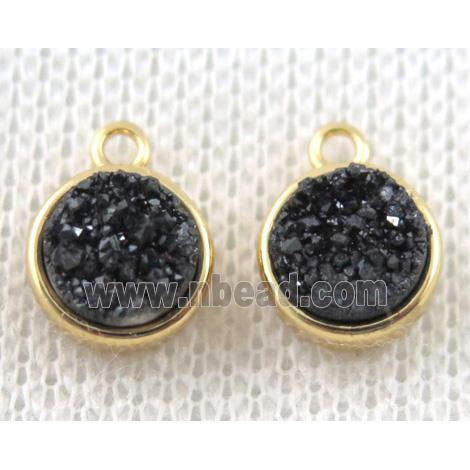 black druzy quartz pendant, circle, copper, gold plated