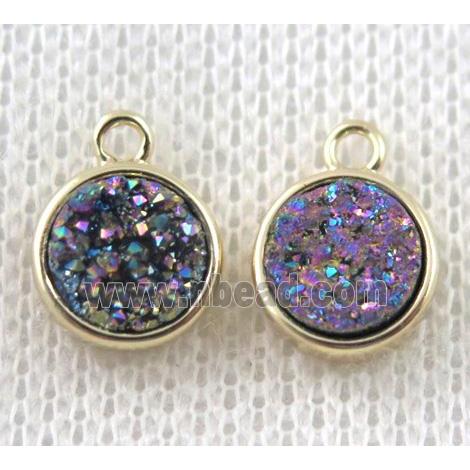 rainbow druzy quartz pendant, flat-round, copper, gold plated