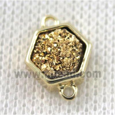 golden druzy quartz hexagon connector, copper, gold plated