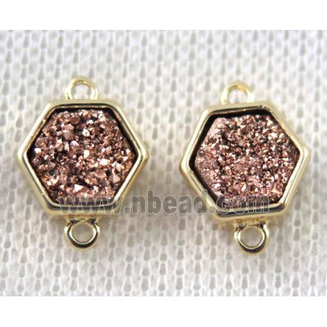 rose-golden druzy quartz hexagon connector, copper, gold plated