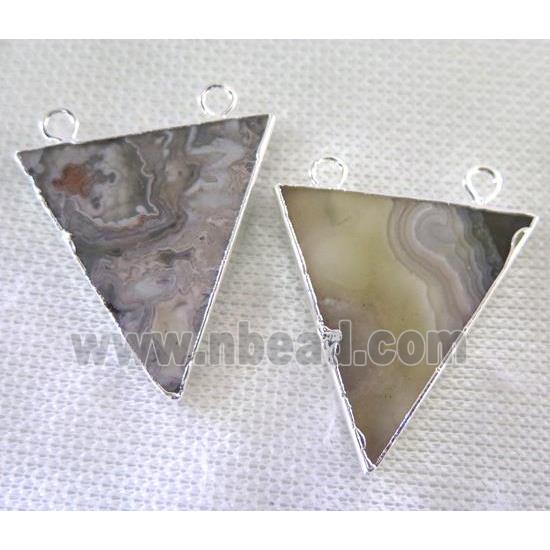 Mexico Crazy Lace Agate Triangle pendant with 2loops, silver plated