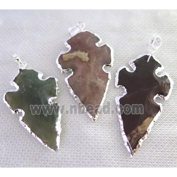 hammered Rock Agate arrowhead pendant, natural color, silver plated