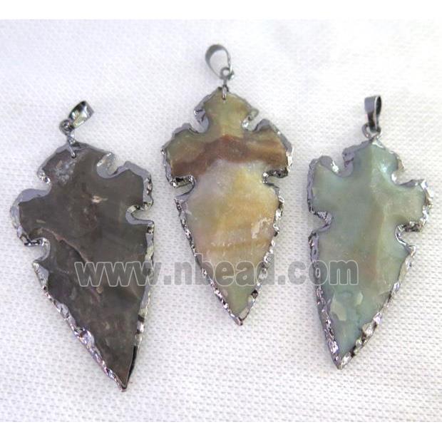 hammered Rock Agate arrowhead pendant, natural color, black plated