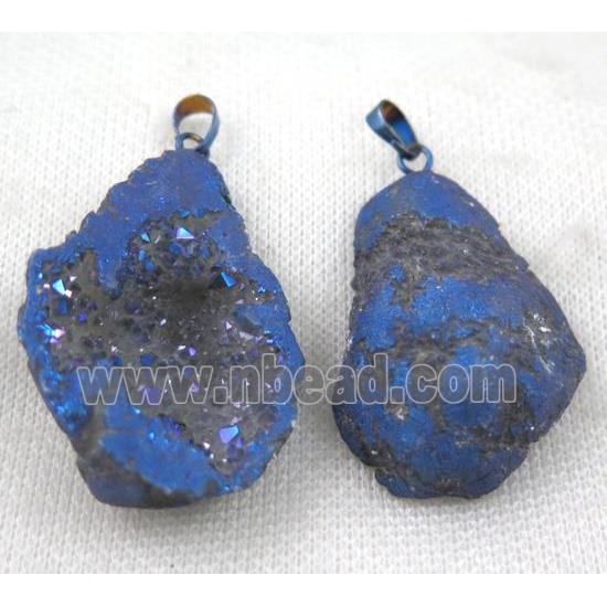 agate geode druzy pendant, freeform, blue electroplated