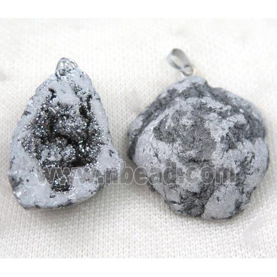 agate geode druzy pendant, freeform, silver