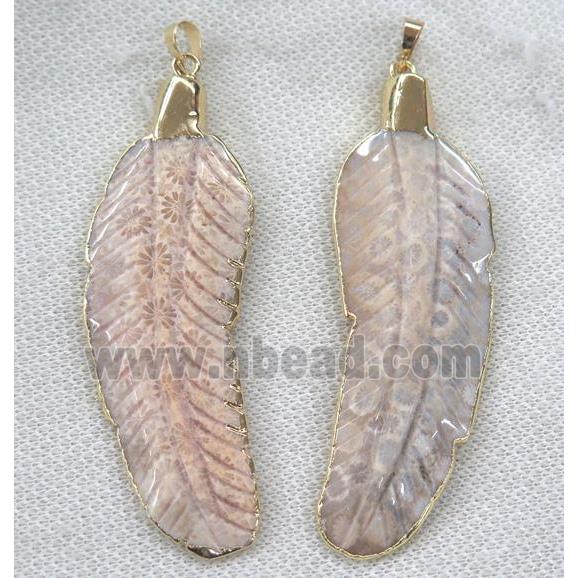 coral fossil pendant, leaf, gold plated