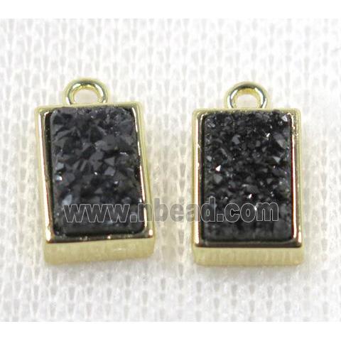 black Druzy Quartz pendant, rectangle, gold plated