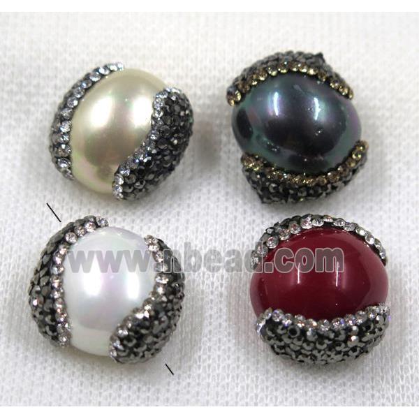 pearl shell bead paved rhinestone, flat round, mix color