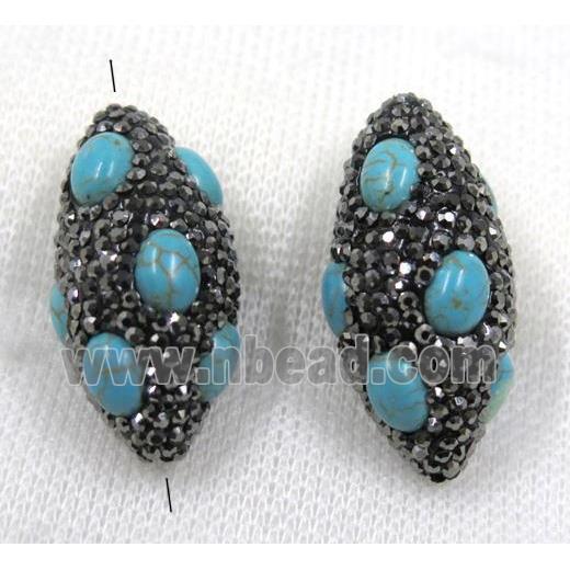 blue turquoise bead paved black rhinestone, rice
