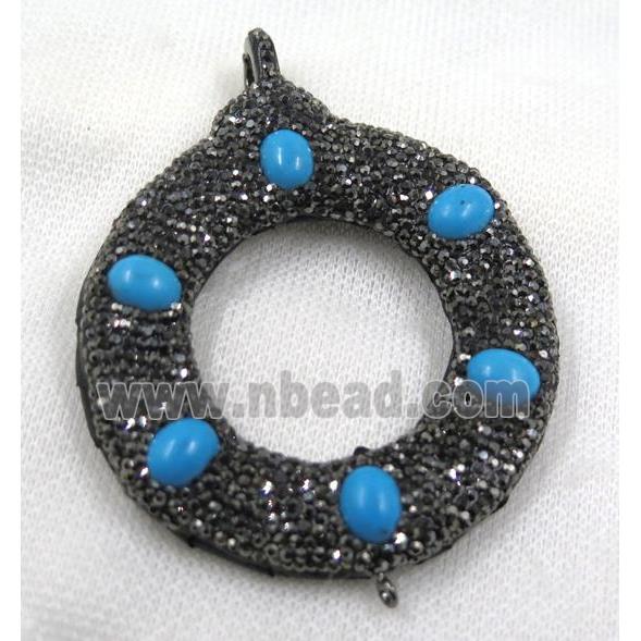 blue turquoise connector paved black rhinestone, donut