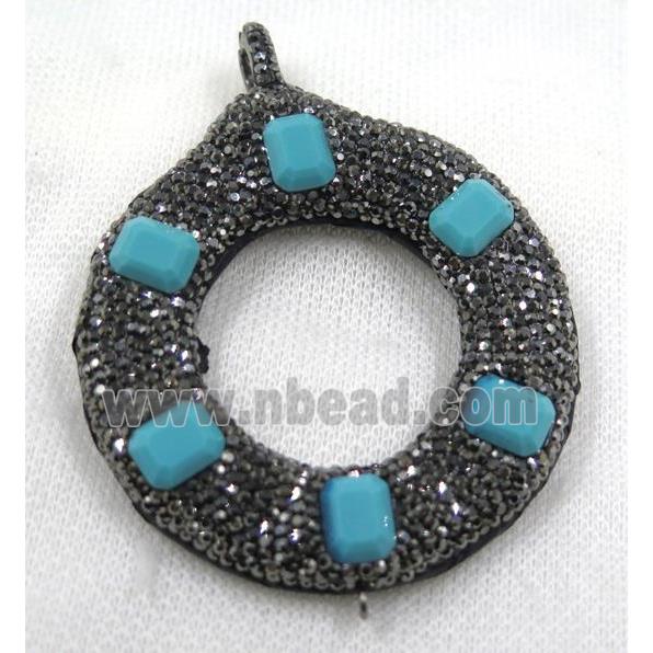 blue crystal glass connector paved black rhinestone, donut