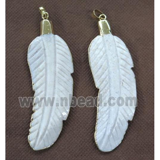 white coral fossil feather pendant, dye, gold plated