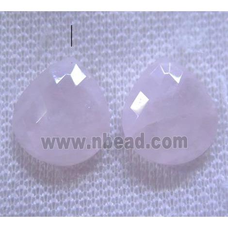 rose quartz bead with half-hole, pink, faceted teardrop