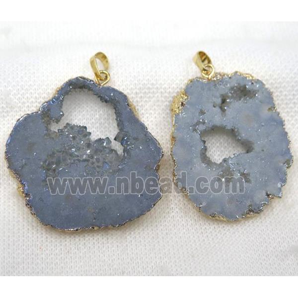 gray-blue druzy agate slice pendant, freeform, gold plated