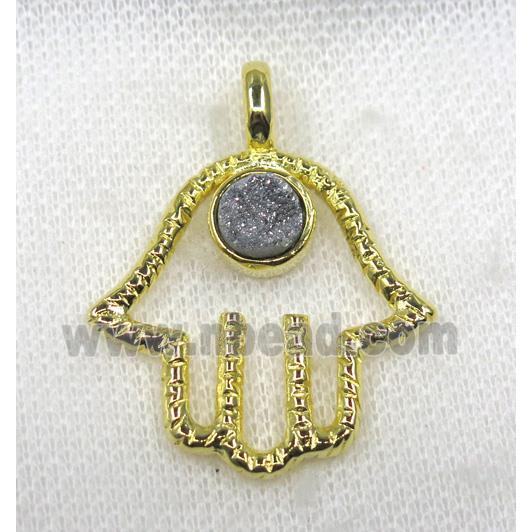 silver druzy agate pendant, hamsahand, alloy, gold plated