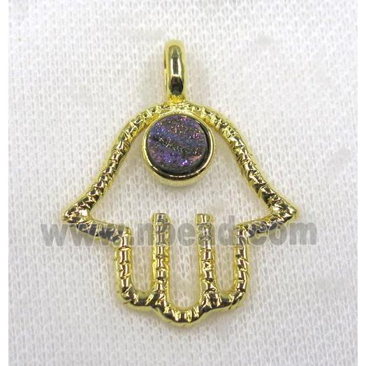 rainbow druzy agate pendant, hamsahand, alloy, gold plated