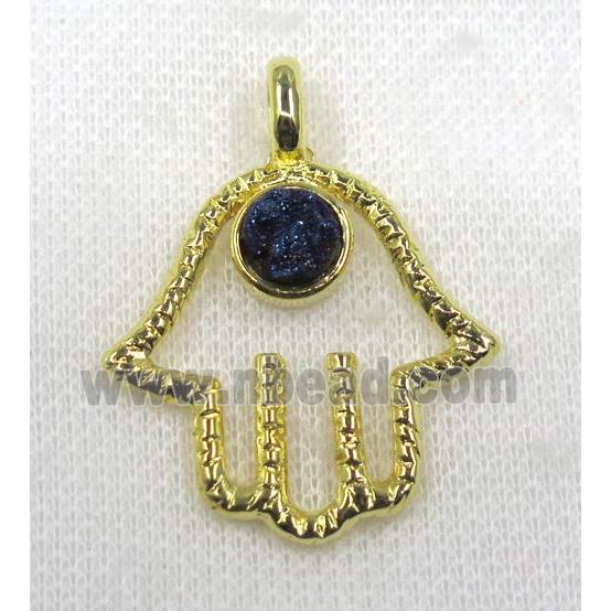 blue druzy agate pendant, hamsahand, alloy, gold plated