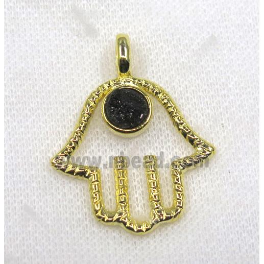 black druzy agate pendant, hamsahand, alloy, gold plated
