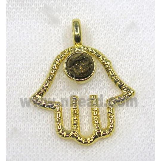 golden druzy agate pendant, hamsahand, alloy, gold plated