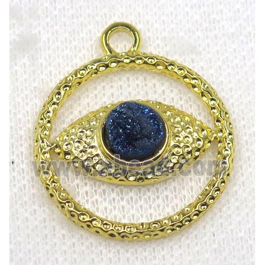 blue druzy agate pendant, eye, alloy, gold plated