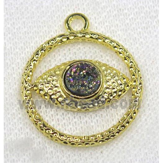 rainbow druzy agate pendant, eye, alloy, gold plated