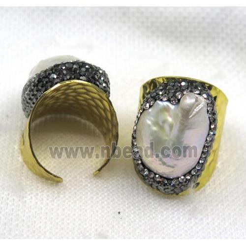 white Pearl cuff ring pave rhinestone, alloy, gold plated