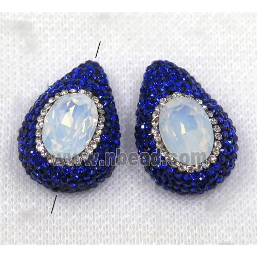 white opalite crystal glass beads paved blue rhinestone, teardrop