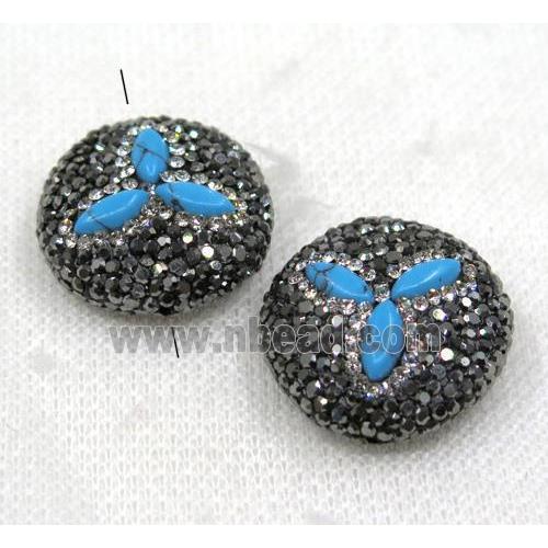 blue turquoise bead paved black rhinestone, flat round