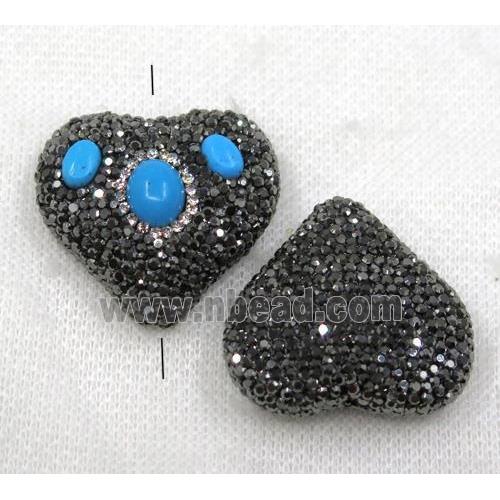 blue turquoise beads paved black rhinestone, heart