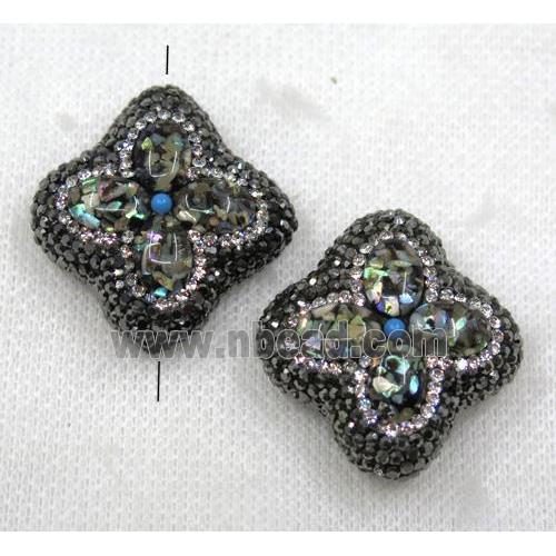 Paua Abalone shell beads paved black rhinestone, four-leaf Clover