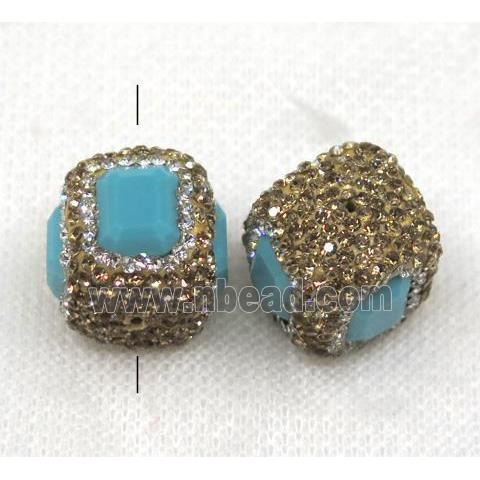 blue crystal glass bead paved yellow rhinestone, cube