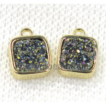 rainbow druzy quartz pendant, square, gold plated