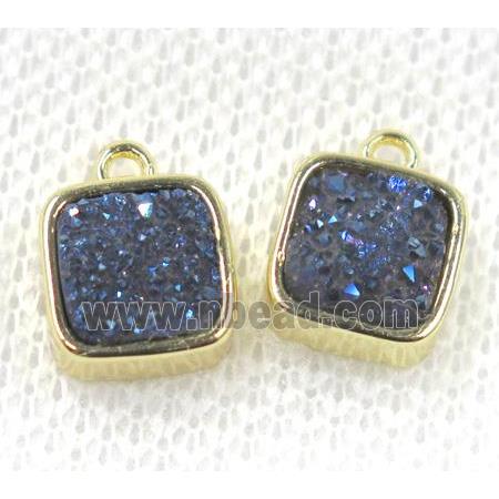 blue druzy quartz pendant, square, gold plated