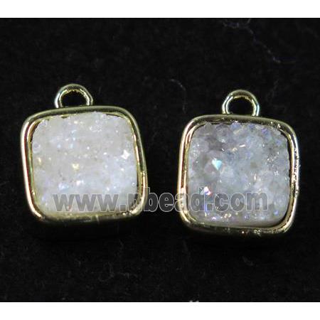 druzy quartz pendant, white ab color, square, gold plated