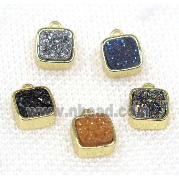 druzy quartz pendant, mix color, square, gold plated