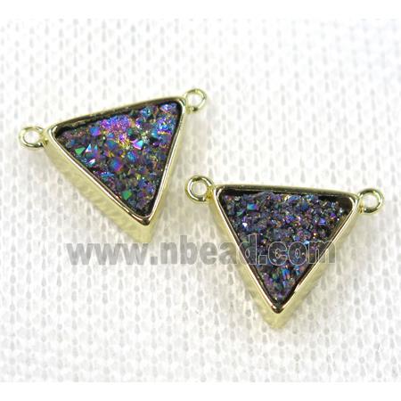 rainbow druzy quartz triangle pendant with 2loops, gold plated