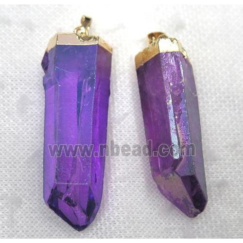purple clear quartz pendant, stick, gold plated