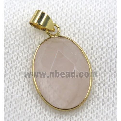 rose quartz pendant, pink, faceted oval, gold plated